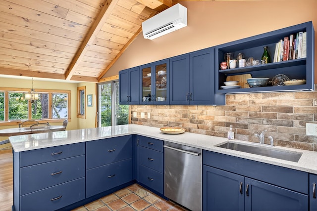 17 Gull Haven Ln, Wellfleet, MA 02667 - kitchen featuring stainless steel dishwasher, a peninsula, blue cabinets, wood ceiling, and a wall mounted air conditioner