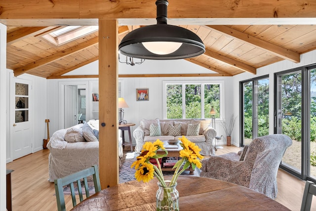 17 Gull Haven Ln, Wellfleet, MA 02667 - living room featuring light wood-style floors, a skylight, and wood ceiling