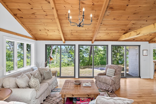 17 Gull Haven Ln, Wellfleet, MA 02667 - living area featuring wood ceiling, light wood finished floors, a chandelier, and healthy amount of natural light