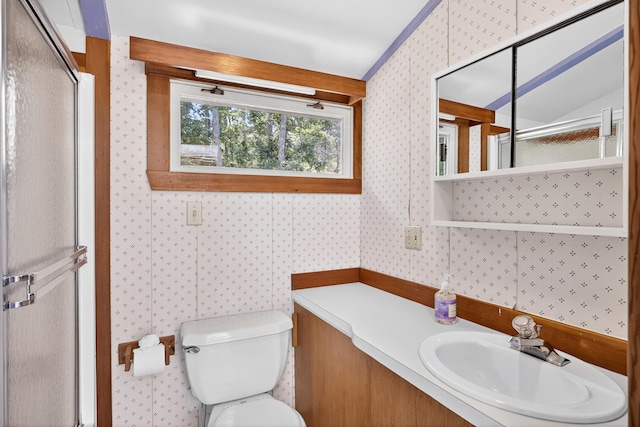 17 Gull Haven Ln, Wellfleet, MA 02667 - bathroom with wallpapered walls, a shower stall, and vanity