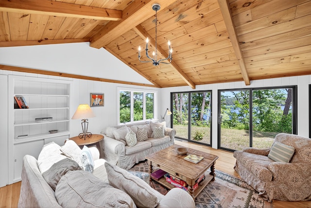 17 Gull Haven Ln, Wellfleet, MA 02667 - living room with light wood-type flooring, wooden ceiling, and a chandelier