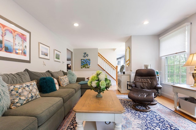 33 Rogers Rd, Brewster, MA 02631 - living room with stairway, wood finished floors, and recessed lighting