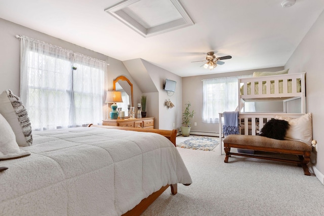 33 Rogers Rd, Brewster, MA 02631 - carpeted bedroom featuring attic access, baseboards, ceiling fan, and baseboard heating