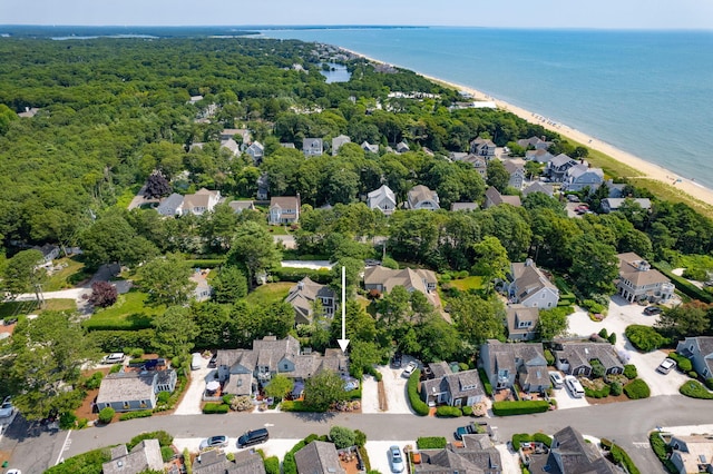 aerial view featuring a water view and a view of the beach