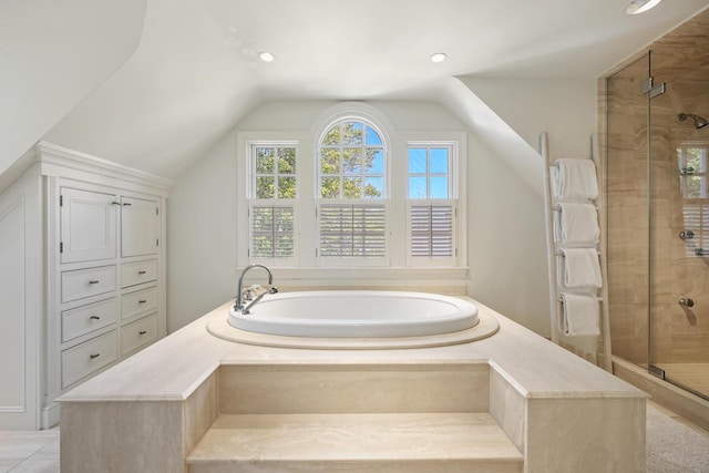 23 Oyster Pond Ln, Chatham, MA 02633 - full bath with a bath, a stall shower, vaulted ceiling, and recessed lighting