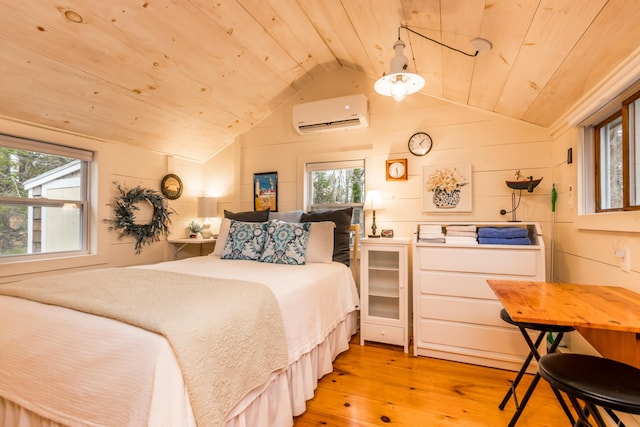 bedroom with multiple windows, light wood-style floors, an AC wall unit, vaulted ceiling, and wood ceiling