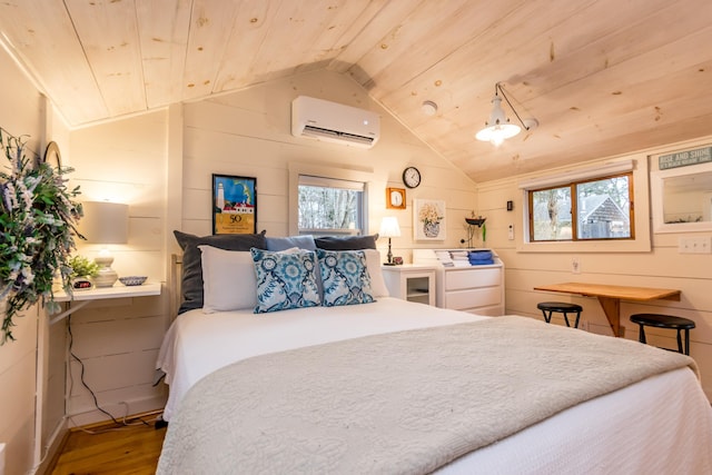 bedroom with multiple windows, vaulted ceiling, wood finished floors, wooden ceiling, and an AC wall unit