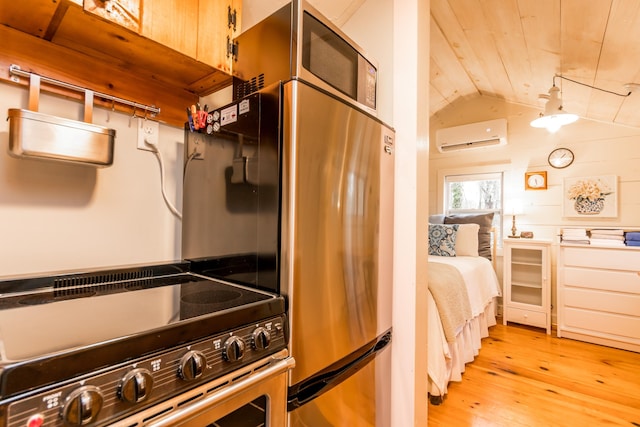 interior space with light wood finished floors, an AC wall unit, stove, wooden ceiling, and vaulted ceiling