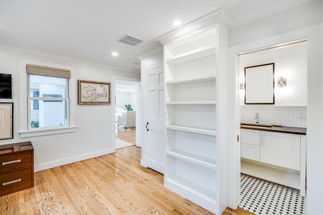 interior space with a sink, light wood-style flooring, and visible vents