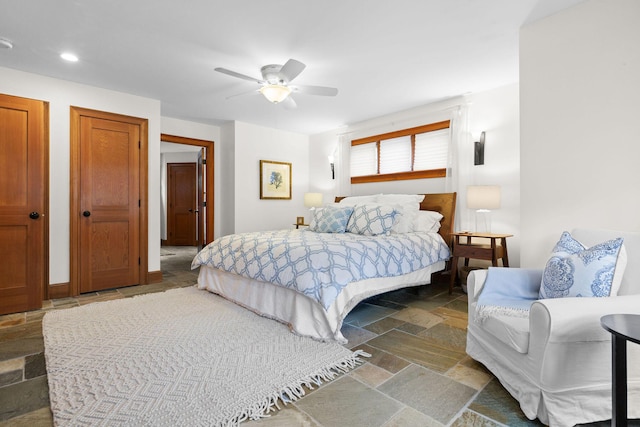 40 Leilla Rich Dr, Wellfleet, MA 02667 - bedroom with stone tile flooring, recessed lighting, and a ceiling fan