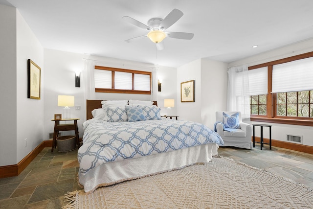 40 Leilla Rich Dr, Wellfleet, MA 02667 - bedroom with stone tile flooring, baseboards, recessed lighting, and a ceiling fan