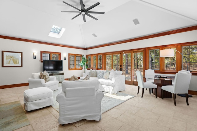 40 Leilla Rich Dr, Wellfleet, MA 02667 - living room featuring ceiling fan, baseboards, a skylight, and high vaulted ceiling