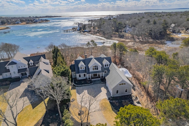 drone / aerial view featuring a water view