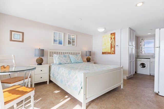 496 Shore Rd Unit 4, Truro, MA 02666 - bedroom featuring washer / dryer, freestanding refrigerator, and recessed lighting