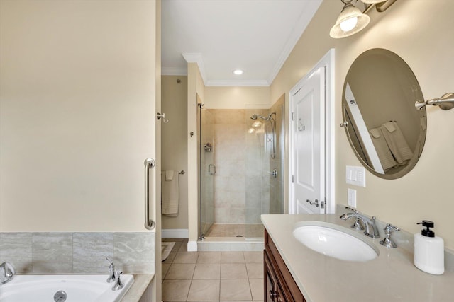 780 Craigville Beach Rd Unit 10, Centerville, MA 02632 - full bathroom with vanity, ornamental molding, a shower stall, tile patterned floors, and a bath
