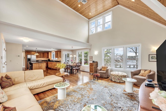 86 Summersea Rd, Mashpee, MA 02649 - living room with wood finished floors, recessed lighting, high vaulted ceiling, and wooden ceiling