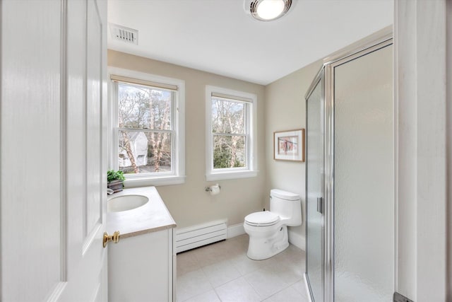 86 Summersea Rd, Mashpee, MA 02649 - full bath featuring toilet, visible vents, a shower stall, and baseboard heating