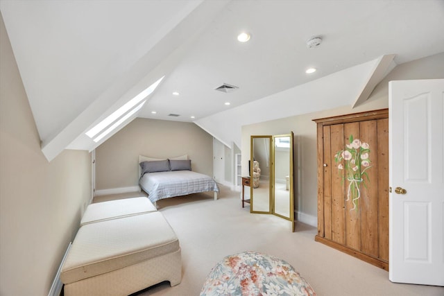 86 Summersea Rd, Mashpee, MA 02649 - bedroom featuring lofted ceiling with skylight, recessed lighting, visible vents, and light colored carpet