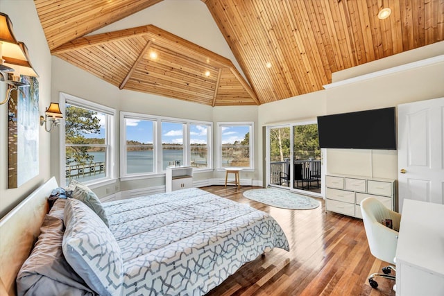 86 Summersea Rd, Mashpee, MA 02649 - bedroom with wood ceiling, beamed ceiling, hardwood / wood-style flooring, access to exterior, and high vaulted ceiling