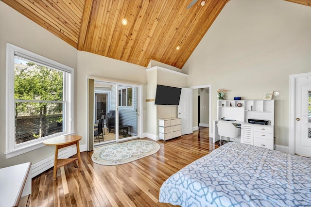 86 Summersea Rd, Mashpee, MA 02649 - bedroom with hardwood / wood-style floors, high vaulted ceiling, access to exterior, and wooden ceiling