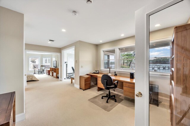 86 Summersea Rd, Mashpee, MA 02649 - home office featuring visible vents, built in study area, baseboards, recessed lighting, and carpet