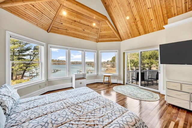 86 Summersea Rd, Mashpee, MA 02649 - bedroom featuring a baseboard heating unit, wooden ceiling, high vaulted ceiling, access to outside, and hardwood / wood-style flooring