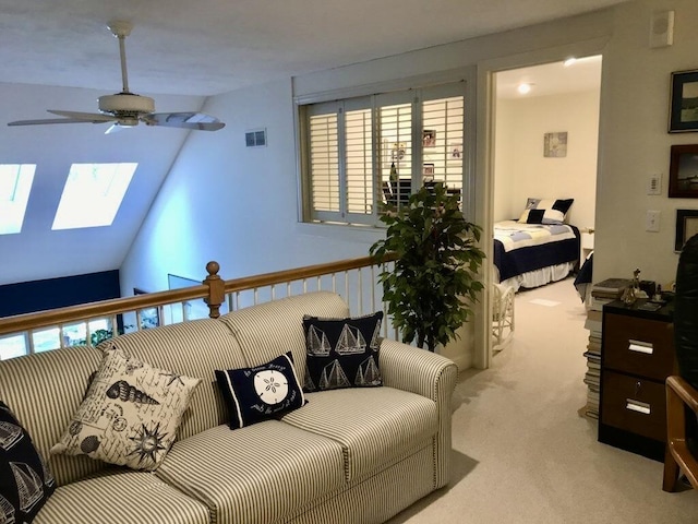 3 Mayfair Ct, Mashpee, MA 02649 - living room featuring carpet floors, a skylight, a ceiling fan, and healthy amount of natural light