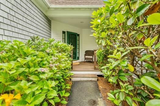 3 Mayfair Ct, Mashpee, MA 02649 - doorway to property with a shingled roof