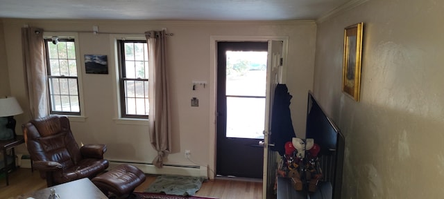 doorway to outside featuring crown molding, light hardwood / wood-style floors, and baseboard heating