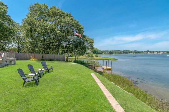 view of yard featuring a dock and a water view