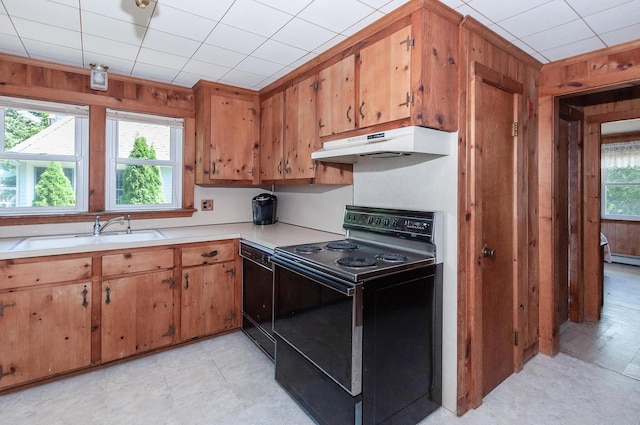 kitchen with black appliances, wood walls, and sink