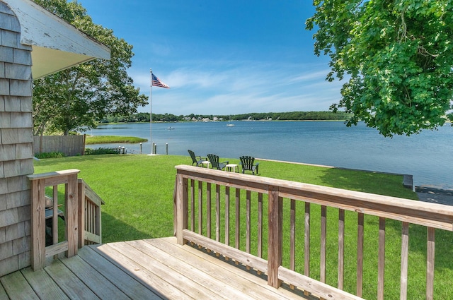 wooden deck featuring a yard and a water view