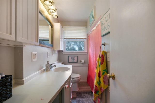 bathroom with toilet, wood finished floors, vanity, and a wainscoted wall