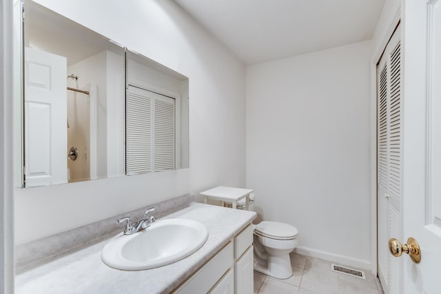 bathroom with toilet, a closet, tile patterned flooring, a shower, and vanity