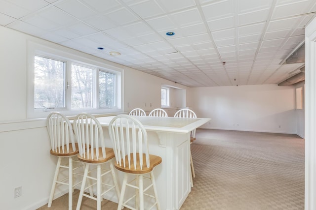 interior space featuring a kitchen breakfast bar, light colored carpet, and baseboards