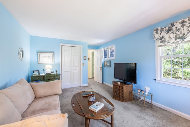 living room with baseboards and carpet flooring