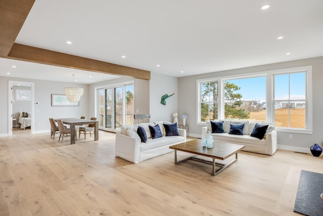 179 Beebe Acres Rd, Falmouth, MA 02540 - living area featuring recessed lighting, light wood-style floors, a chandelier, and baseboards