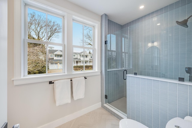 179 Beebe Acres Rd, Falmouth, MA 02540 - bathroom with a shower stall, baseboards, toilet, and recessed lighting