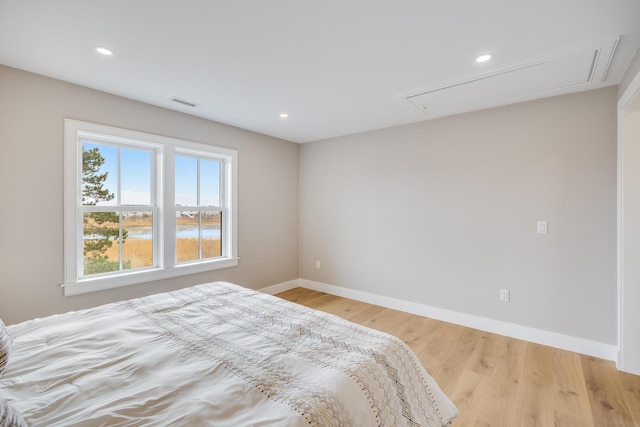 179 Beebe Acres Rd, Falmouth, MA 02540 - bedroom with attic access, light wood-type flooring, baseboards, visible vents, and recessed lighting