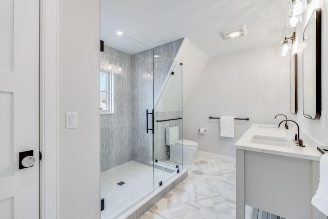 179 Beebe Acres Rd, Falmouth, MA 02540 - full bath with a shower stall, a sink, double vanity, baseboards, and toilet