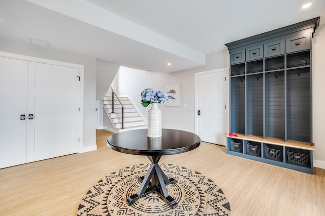 179 Beebe Acres Rd, Falmouth, MA 02540 - mudroom with recessed lighting, light wood-style flooring, and baseboards