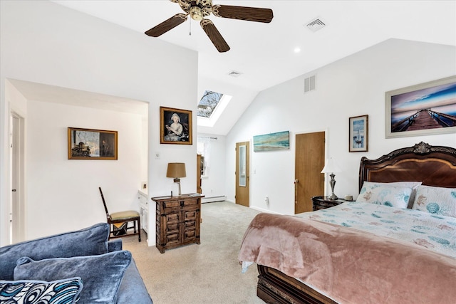 11 Elizabeth Ln, West Yarmouth, MA 02673 - bedroom featuring vaulted ceiling with skylight, visible vents, light colored carpet, and baseboard heating
