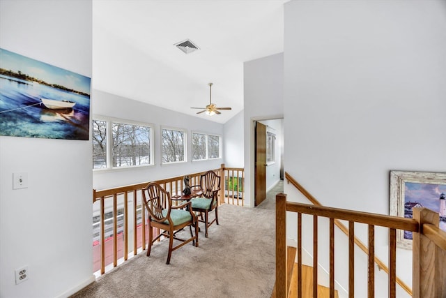11 Elizabeth Ln, West Yarmouth, MA 02673 - corridor with an upstairs landing, visible vents, lofted ceiling, and carpet