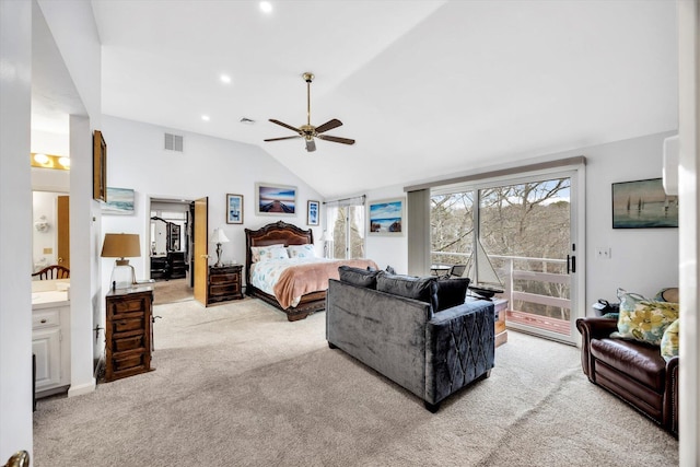 11 Elizabeth Ln, West Yarmouth, MA 02673 - bedroom with vaulted ceiling, light carpet, recessed lighting, visible vents, and access to exterior