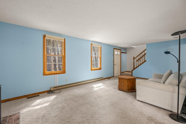 130 Surrey Ln, Brewster, MA 02631 - carpeted living area with a baseboard radiator, stairway, visible vents, and baseboards