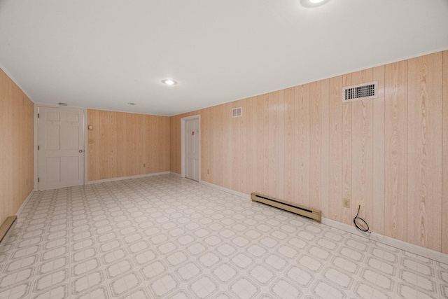 130 Surrey Ln, Brewster, MA 02631 - spare room featuring a baseboard heating unit, tile patterned floors, wooden walls, and visible vents
