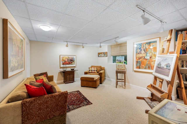 living area featuring rail lighting, carpet flooring, and baseboards