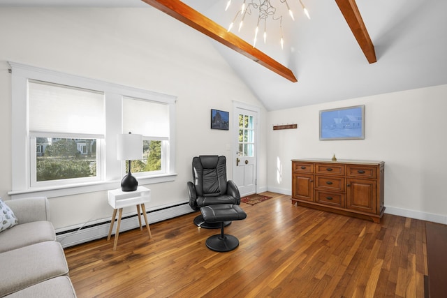 living area featuring high vaulted ceiling, hardwood / wood-style flooring, a baseboard heating unit, baseboards, and beamed ceiling