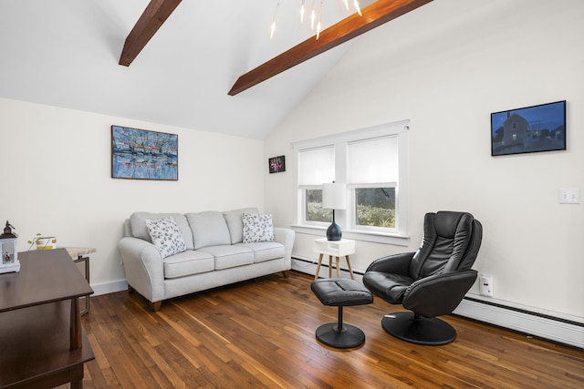 living area featuring a baseboard heating unit, beamed ceiling, high vaulted ceiling, and hardwood / wood-style flooring