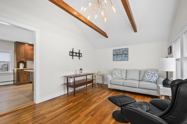 living room with lofted ceiling with beams, a notable chandelier, and light wood-style floors